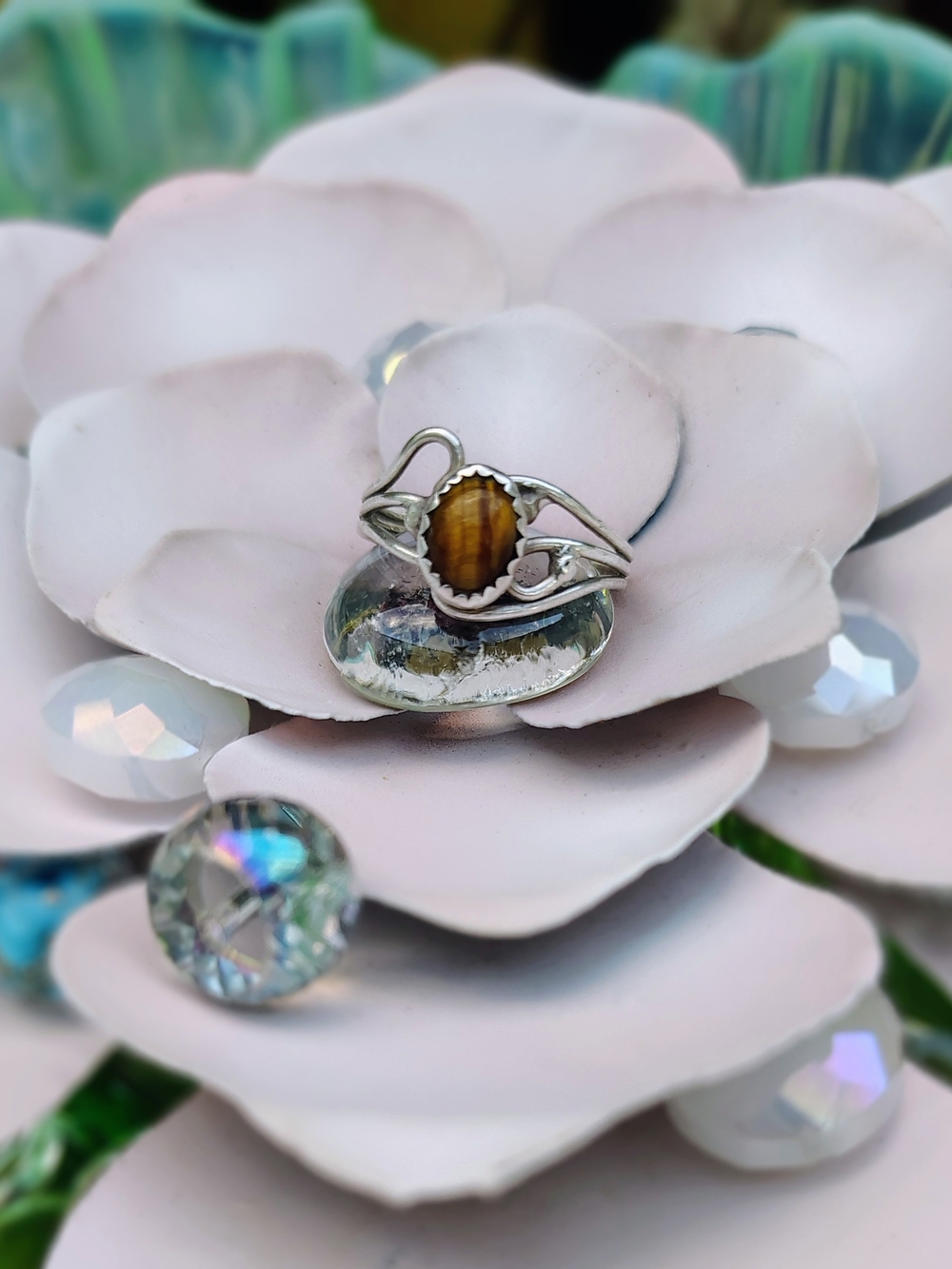 Bohemian Tiger’s Eye Silver Tone Wire Wrap Ring - Sz 8